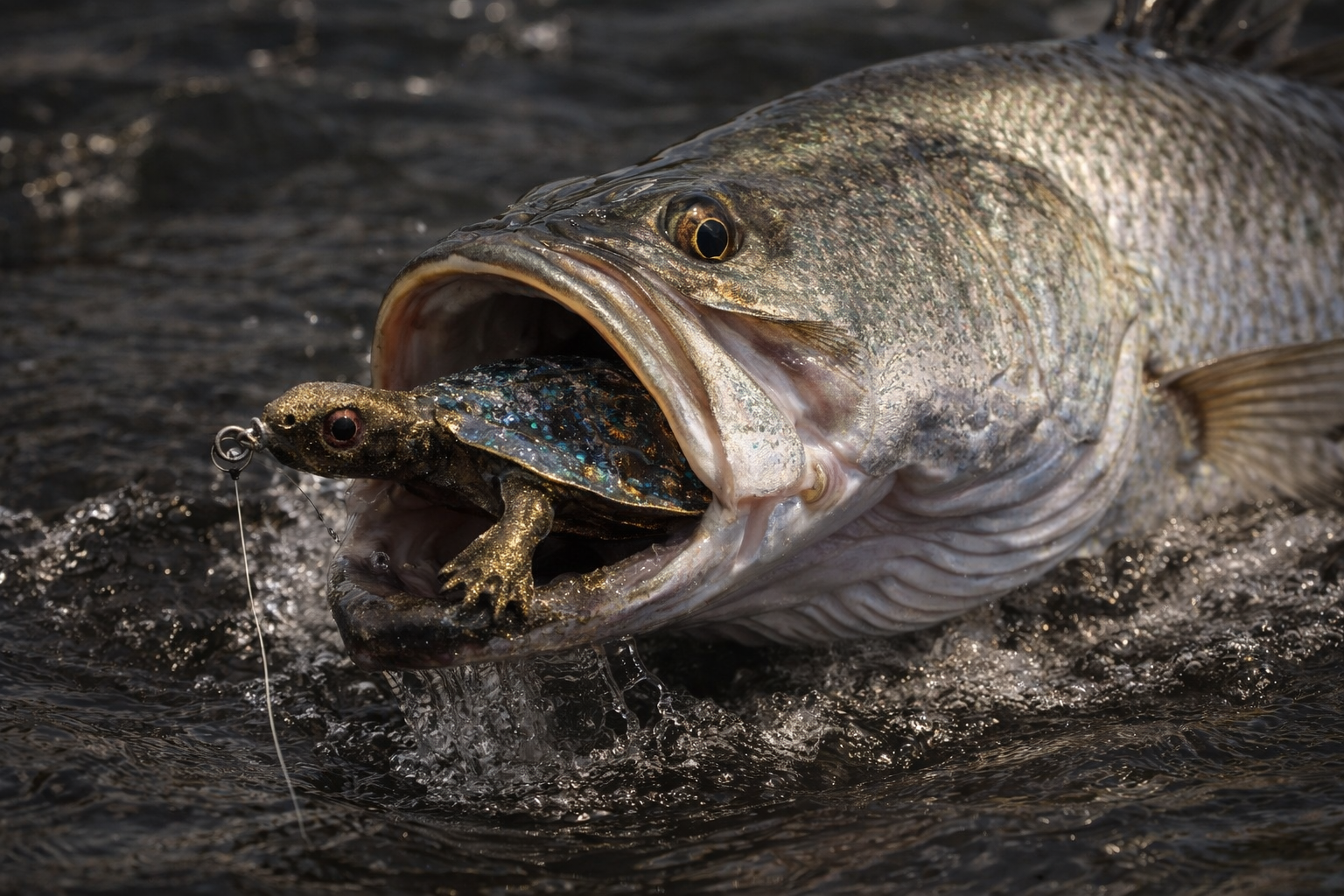 Barramundi striking the turtle fishing lure underwater