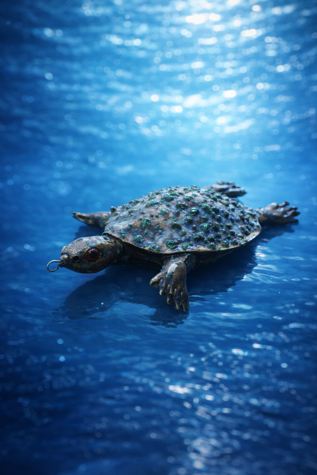 Turtle lure gliding through clear blue water